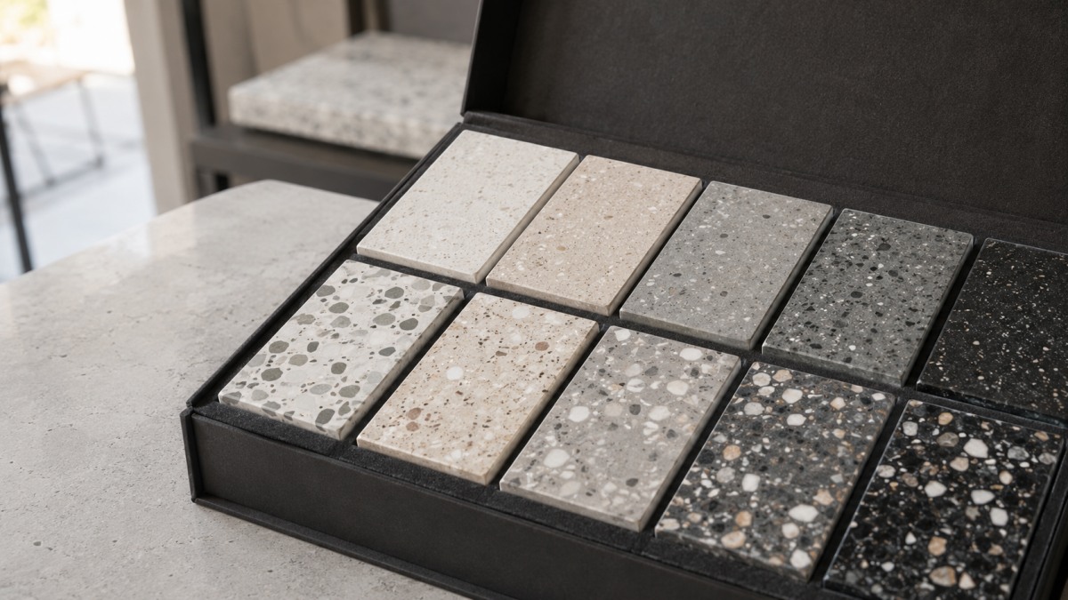 Terrazzo samples for distributors prepared for showroom and customer presentation