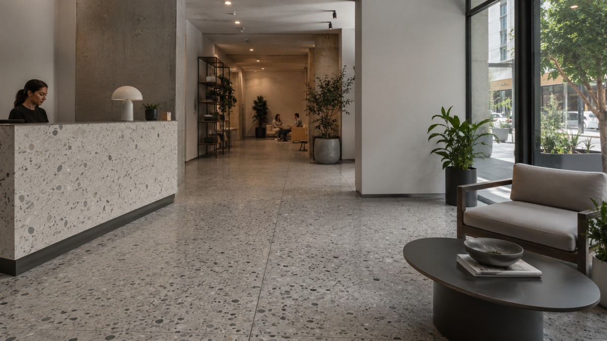 Commercial terrazzo materials used in restaurant retail and lobby interiors