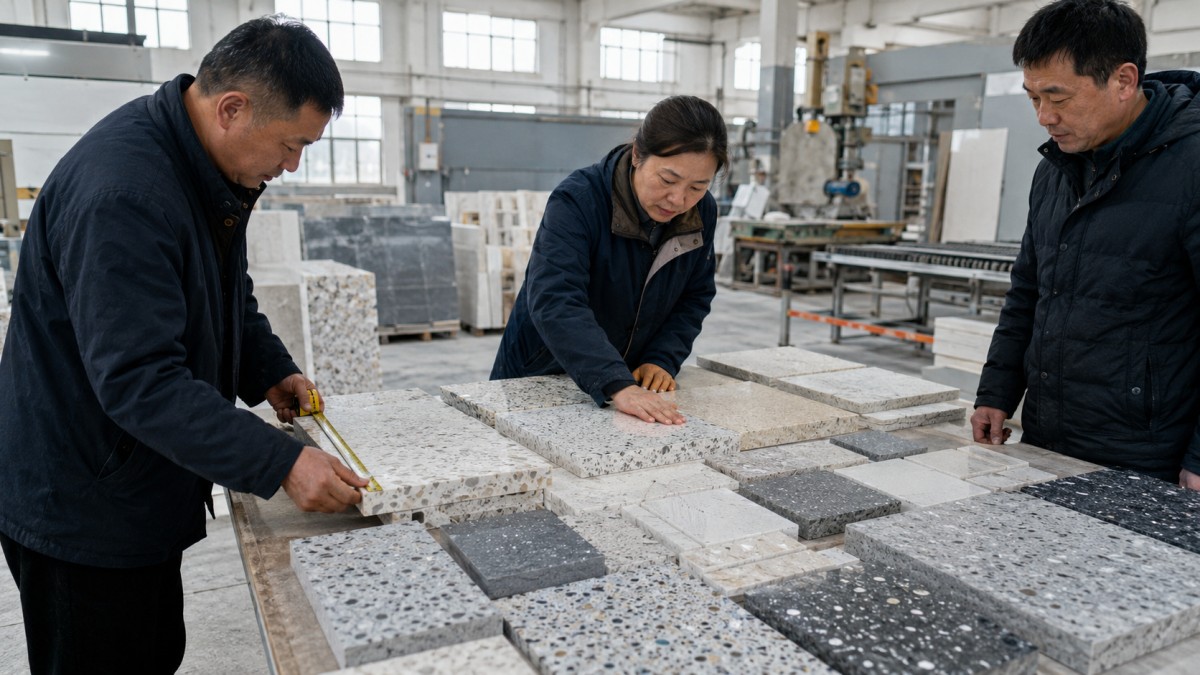 Terrazzo factory sample production and cutting review for importer collection