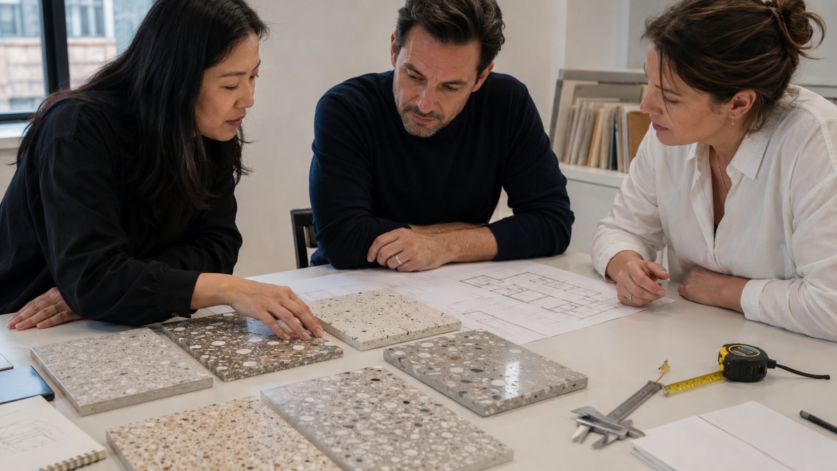 Project team reviewing honed and polished terrazzo finish samples before approval