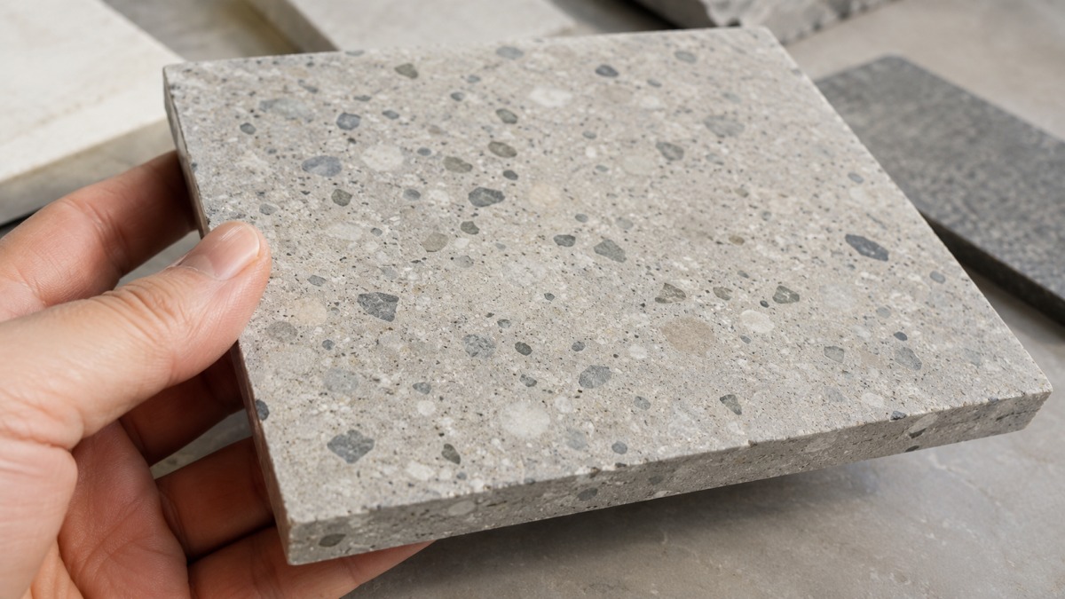 Honed terrazzo sample with matte surface reviewed under natural light
