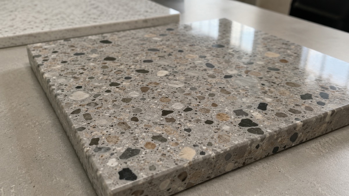 Polished terrazzo sample with reflective surface reviewed under project lighting