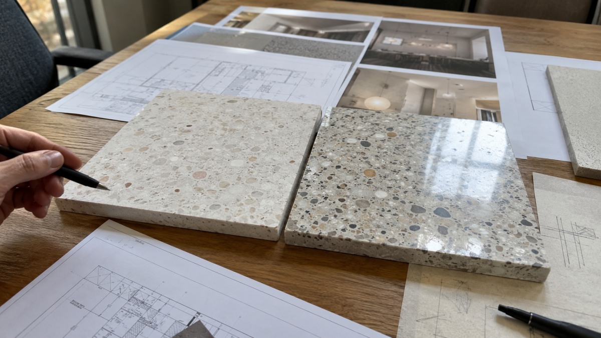 Honed and polished terrazzo samples compared with drawings and lighting review