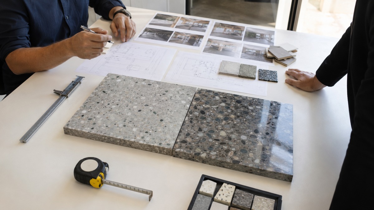 Terrazzo finish approval checklist with samples and measuring tools