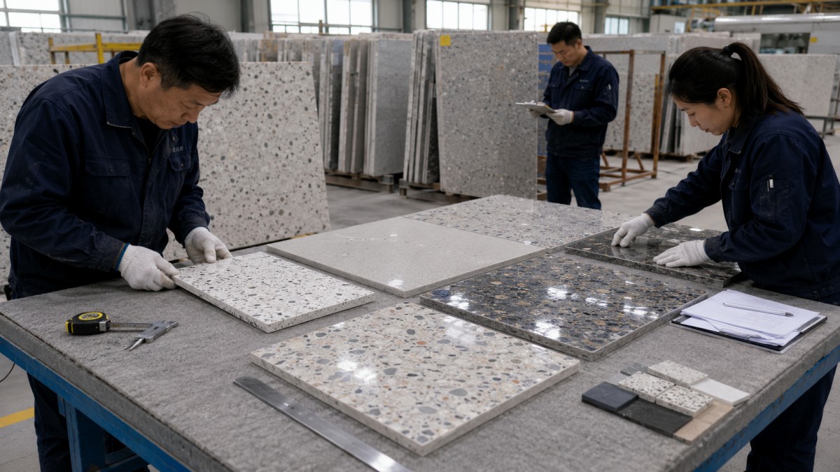 Terrazzo surface finish inspected before shipment in a stone factory