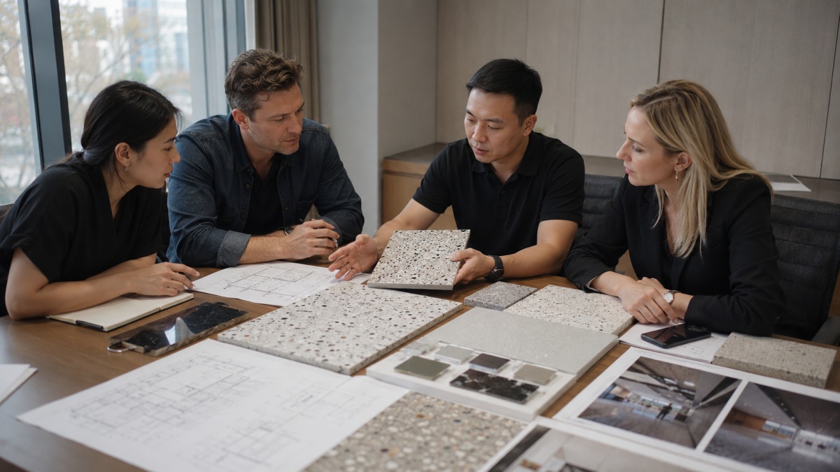 Project team reviewing terrazzo flooring samples and drawings for a commercial project