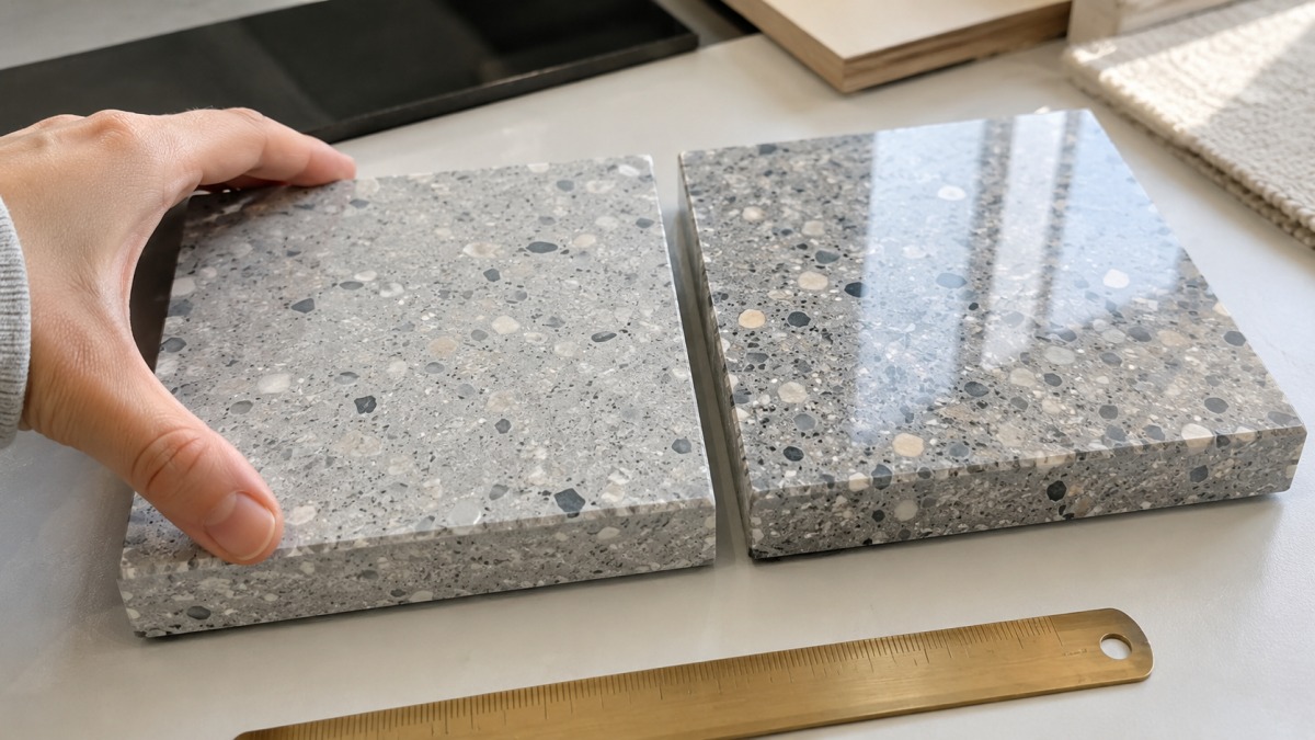 Honed and polished terrazzo sample finish comparison