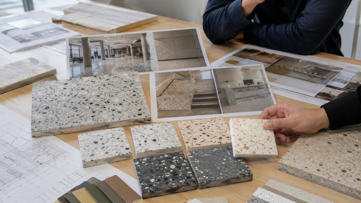 Terrazzo samples reviewed for flooring counter and wall applications