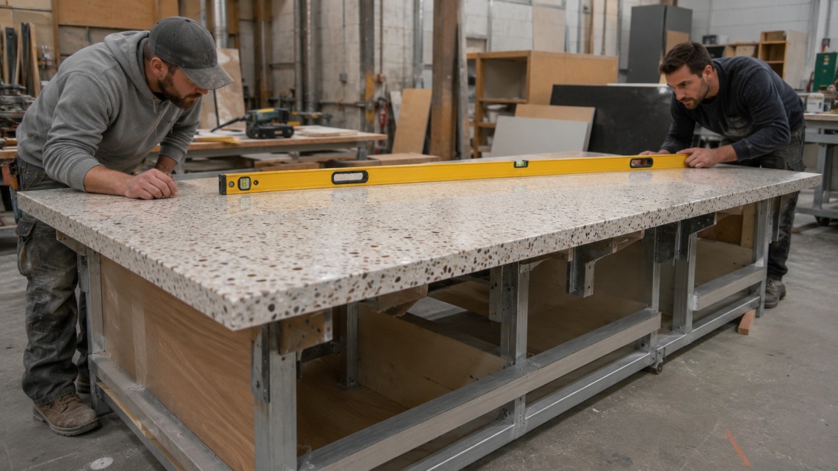 Terrazzo countertop overhang and support structure checked during dry fitting