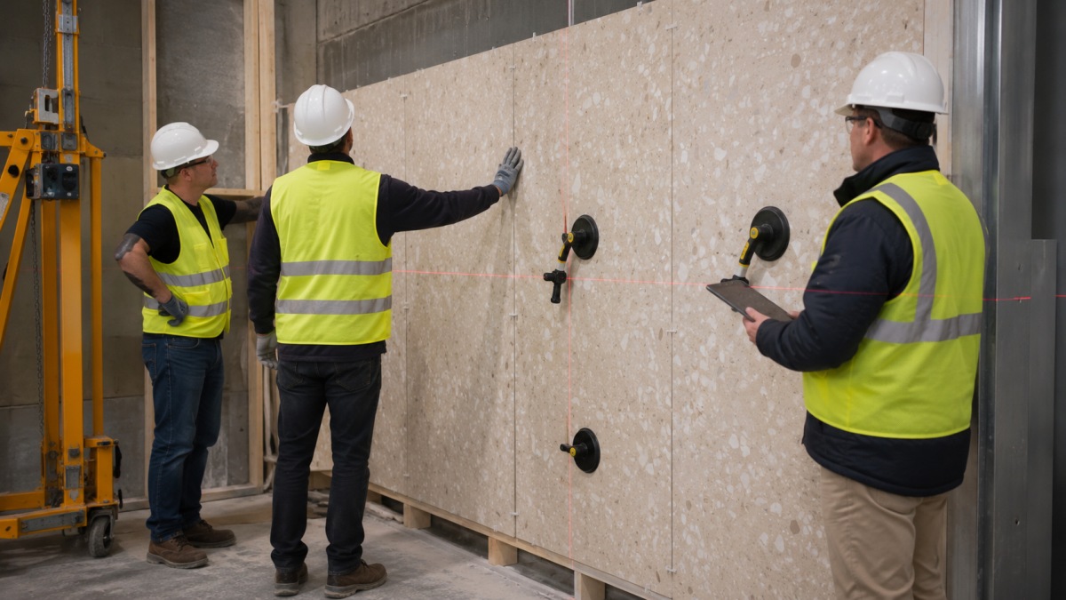 Installer checking alignment support and joints on a terrazzo wall panel mock-up