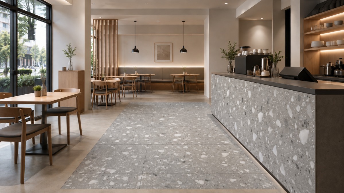 restaurant-terrazzo-flooring-and-counter-project Restaurant terrazzo flooring and counter shown in a completed interior