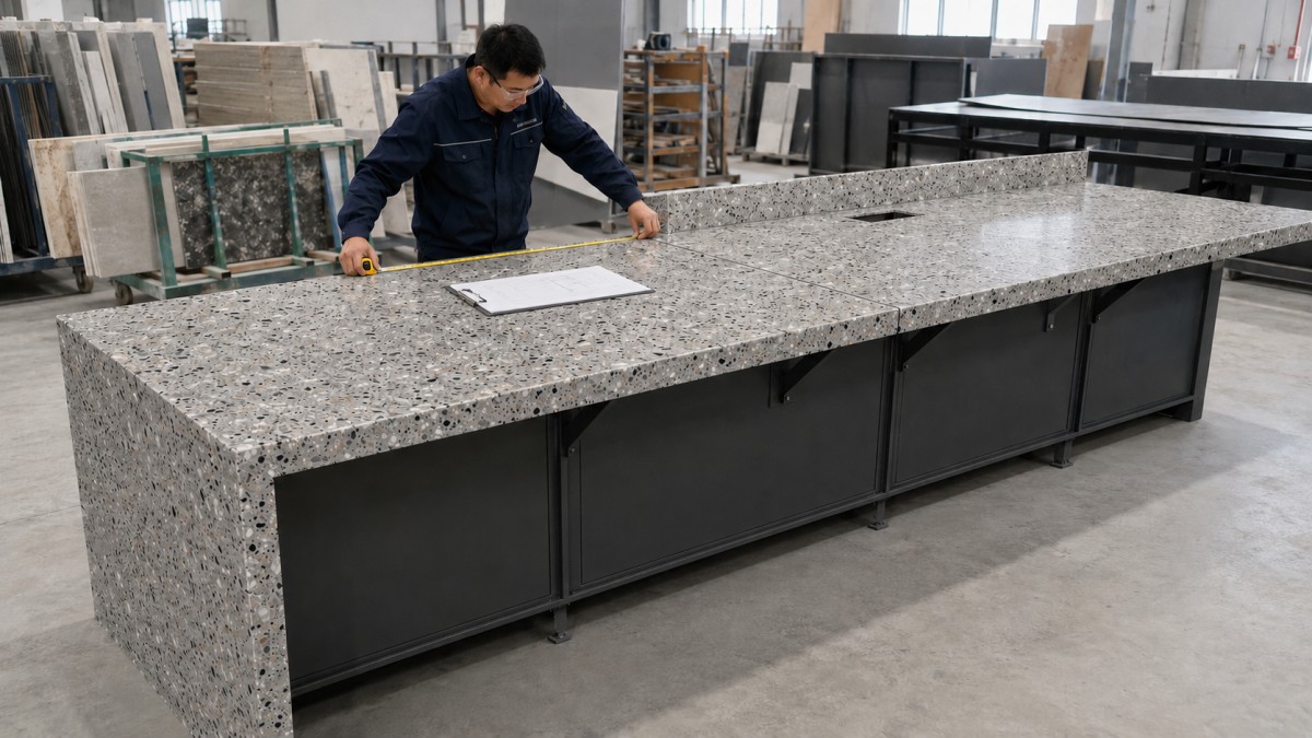 Commercial terrazzo counter reviewed for seams, support, edges and equipment openings