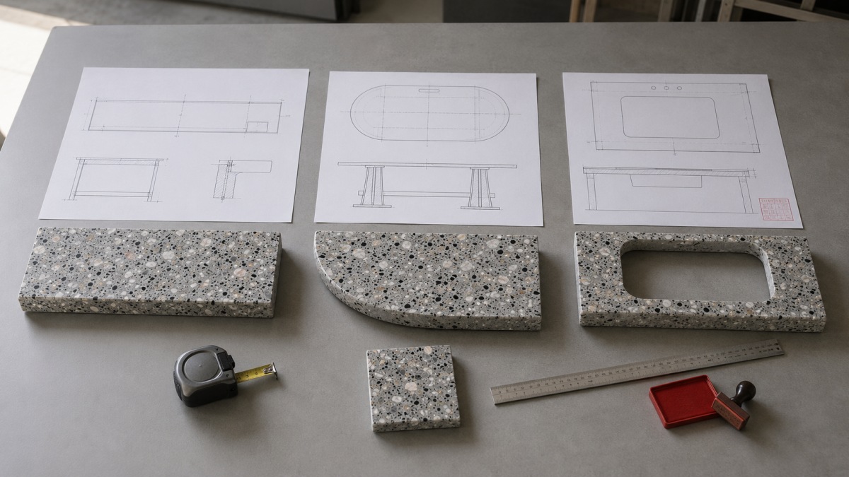 Drawings and samples comparing a terrazzo counter, tabletop and vanity top