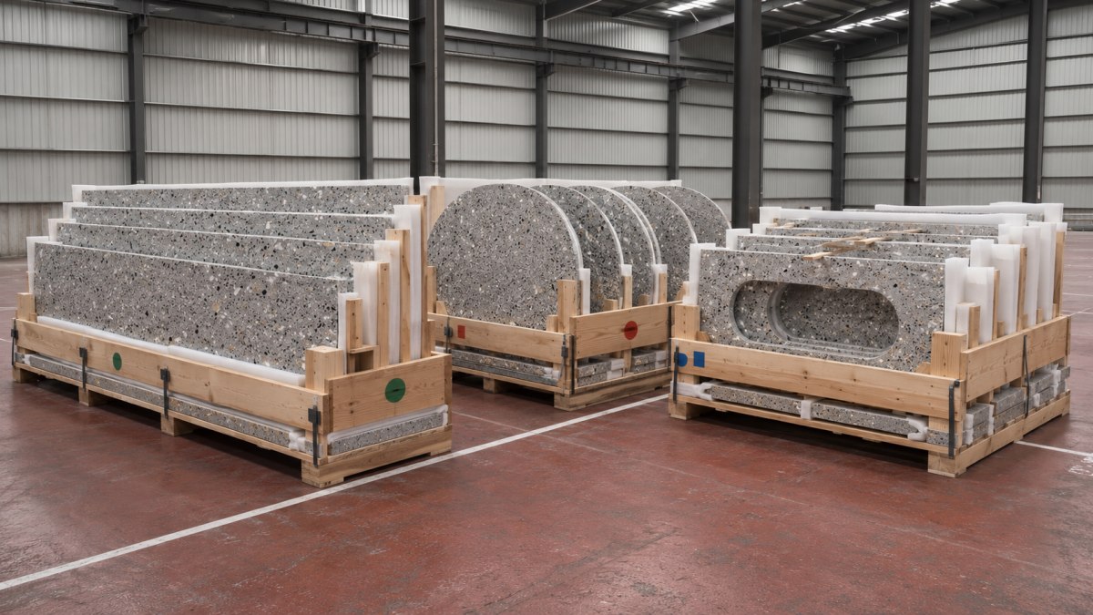 Counter, tabletop and vanity-top pieces organized for protected export packing