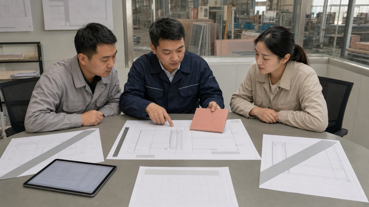 Project team comparing terrazzo drawing revisions before production release
