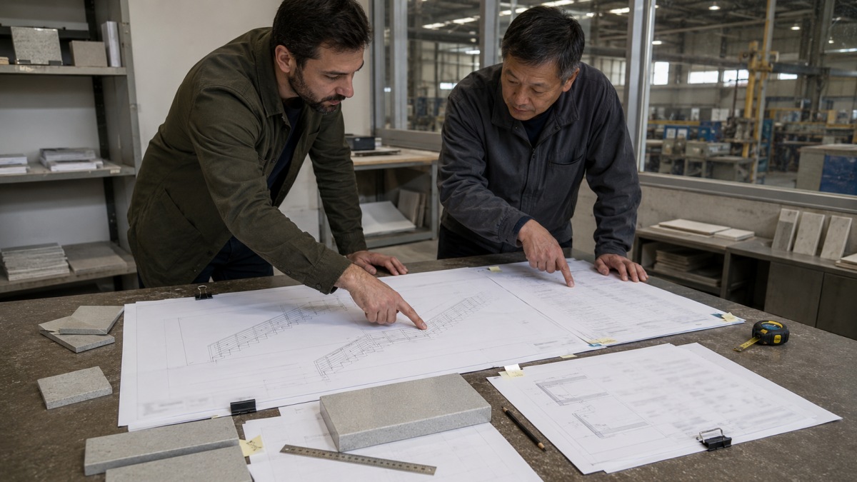 Contractor and factory technician reviewing terrazzo stair drawings and piece schedules