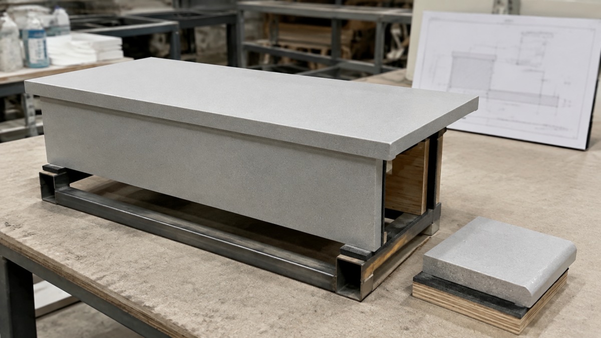 Terrazzo stair tread, riser and nosing mockup reviewed before fabrication