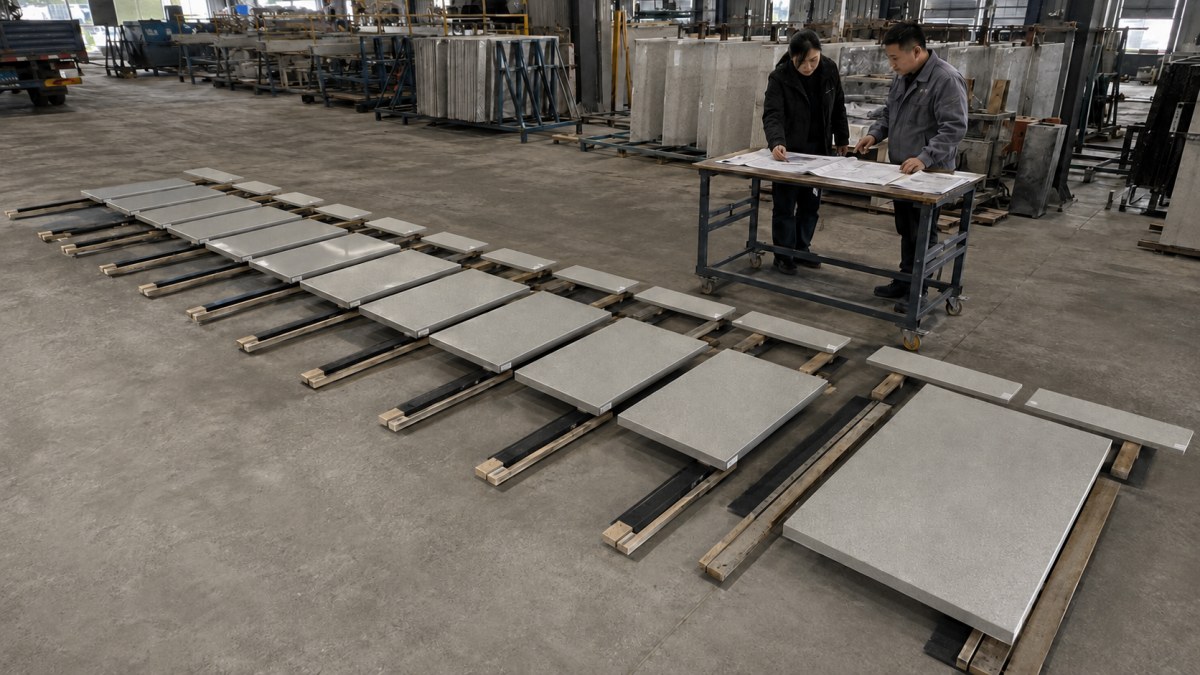 Numbered terrazzo stair treads and risers arranged in one flight sequence