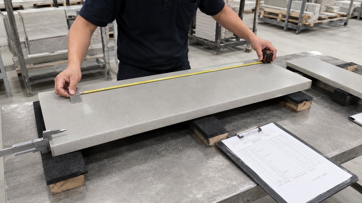 Finished terrazzo stair piece inspected for dimensions, thickness, edge and nosing detail