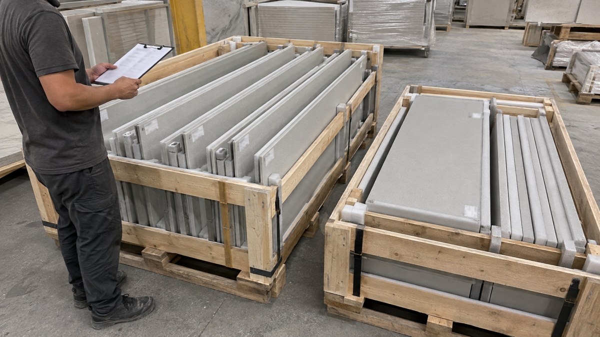 Terrazzo stair components protected and packed by stair flight and installation sequence