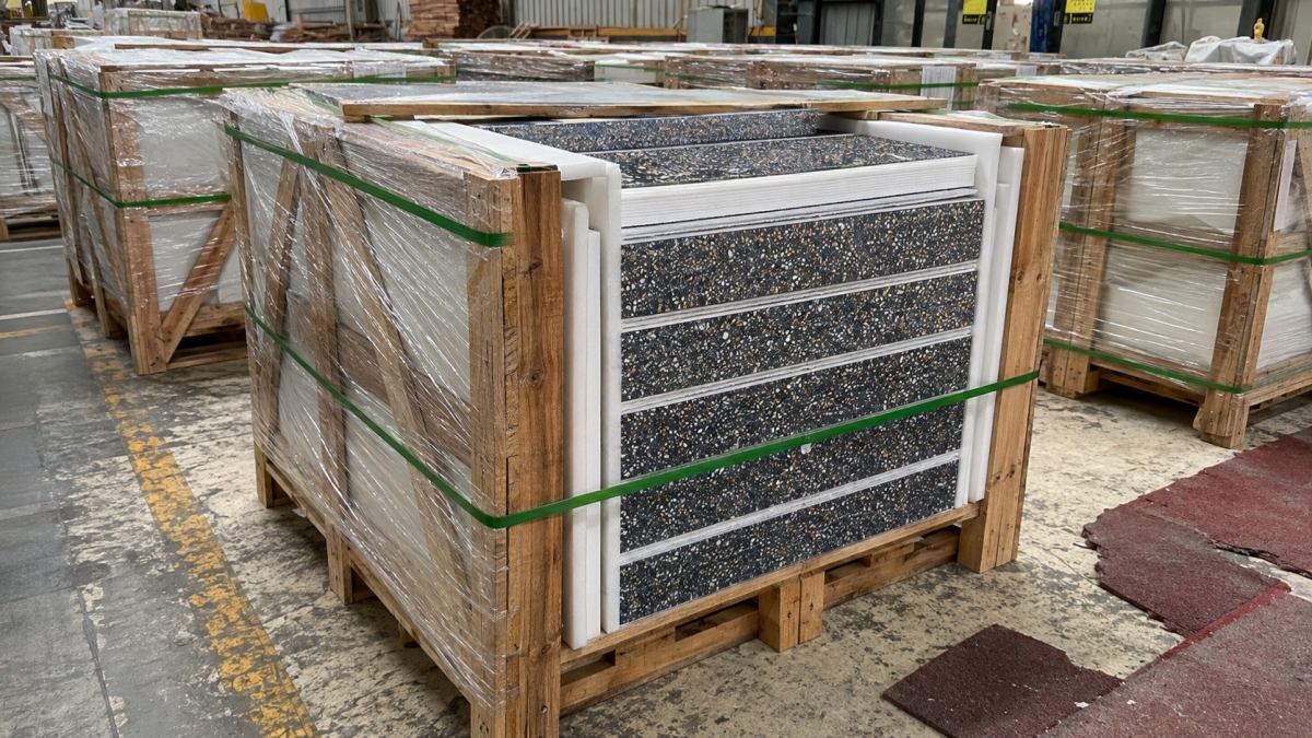 •Amber Night terrazzo slabs or cut pieces packed with separation and edge protection for export