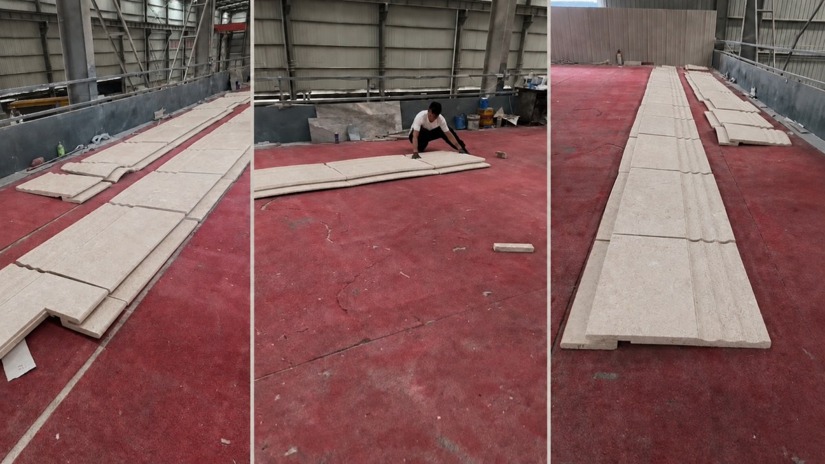 Cut-to-size Moon Beige limestone profile pieces with visible edges and shaped details