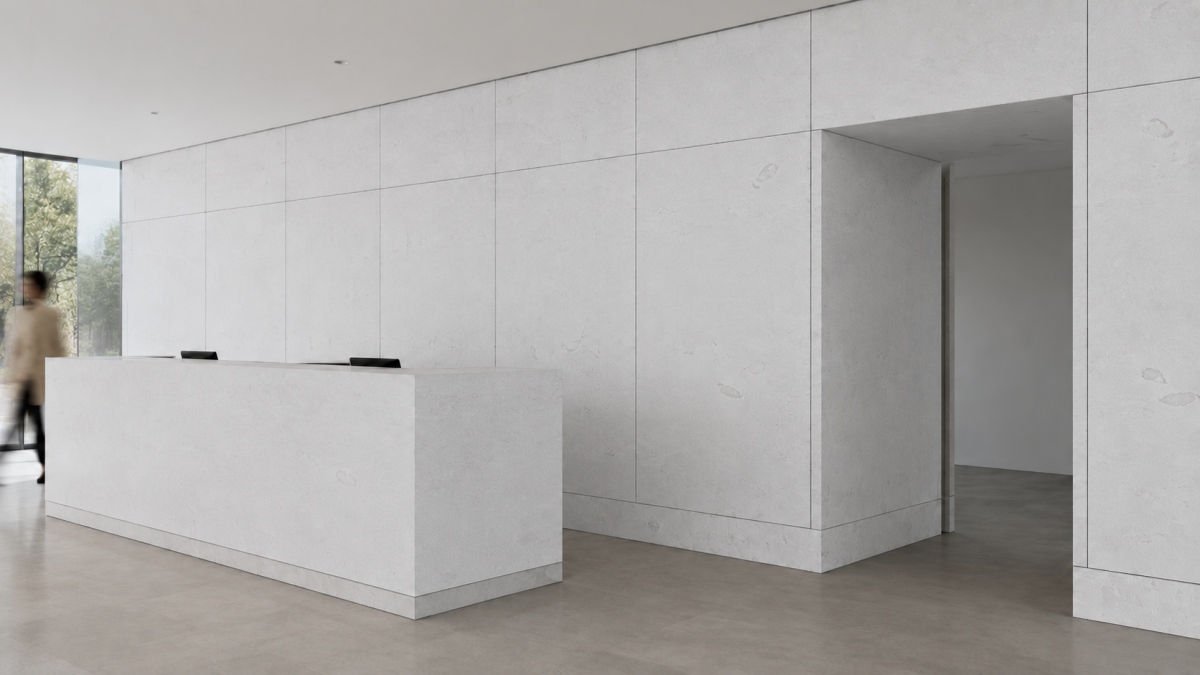 Use the uploaded Benin White Limestone slab and close-up images as the only surface source. Create a realistic reception interior with large vertical stone panels, restrained 3–5 mm joints, supported wall construction, believable corner returns and human scale. Preserve the warm-white base, sparse pale markings and random natural variation; do not add marble veins, pure-white recoloring or repeated texture tiles. Human-eye perspective, soft daylight, documentary architectural photography; no readable text, logos, floating panels or CGI gloss.