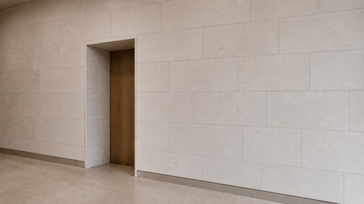 Large-format warm white limestone wall cladding with visible joints 