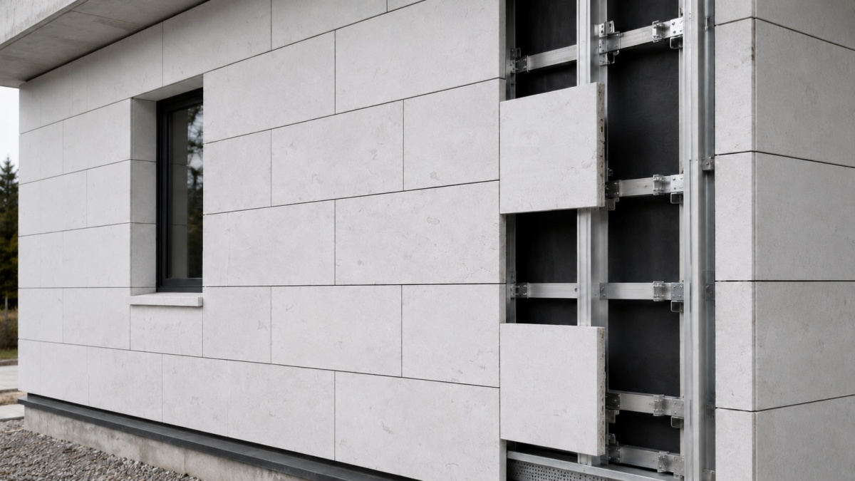 Conditional exterior facade concept with mechanically supported limestone panels