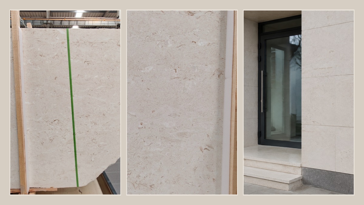  Full panel, close texture and installed Moonlight Beige Limestone view reviewed together