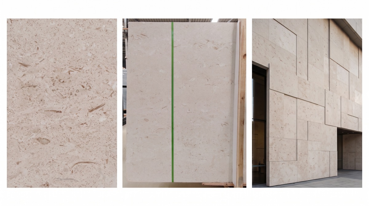 Moonlight Beige Limestone shown as close surface, full panel and architectural application views