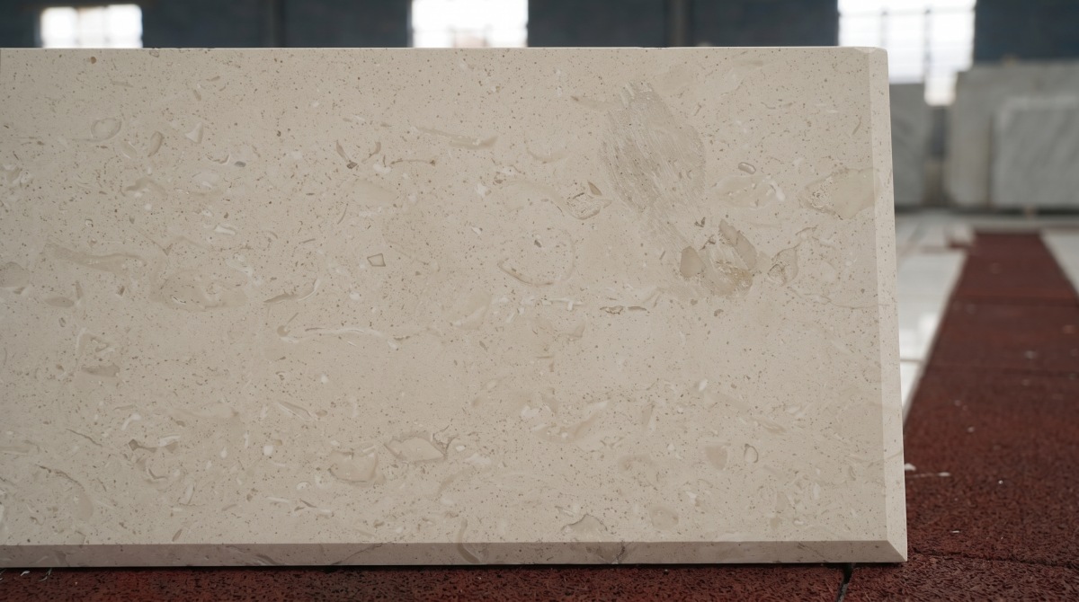Moonlight Beige Limestone surface at close range showing fossils, pores and finish marks
