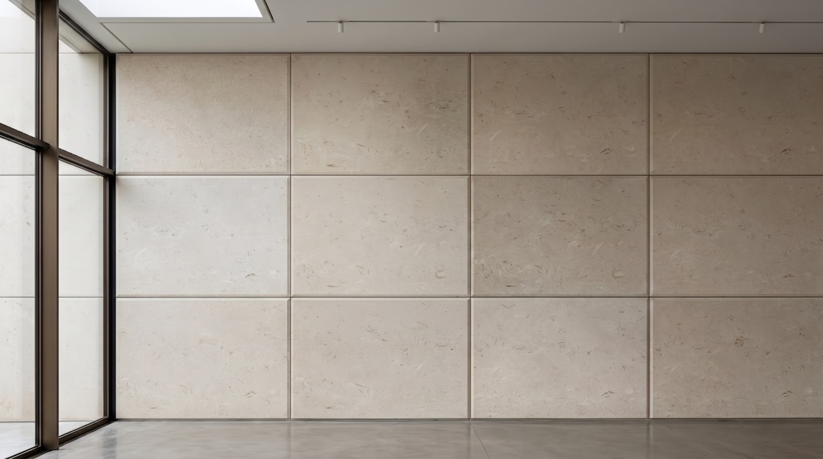 Moonlight Beige Limestone facade viewed from architectural distance with panel rhythm and shadows visible