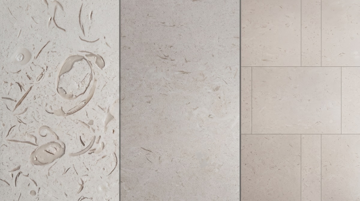Same Moonlight Beige Limestone evidence compared as macro, panel and installed views
