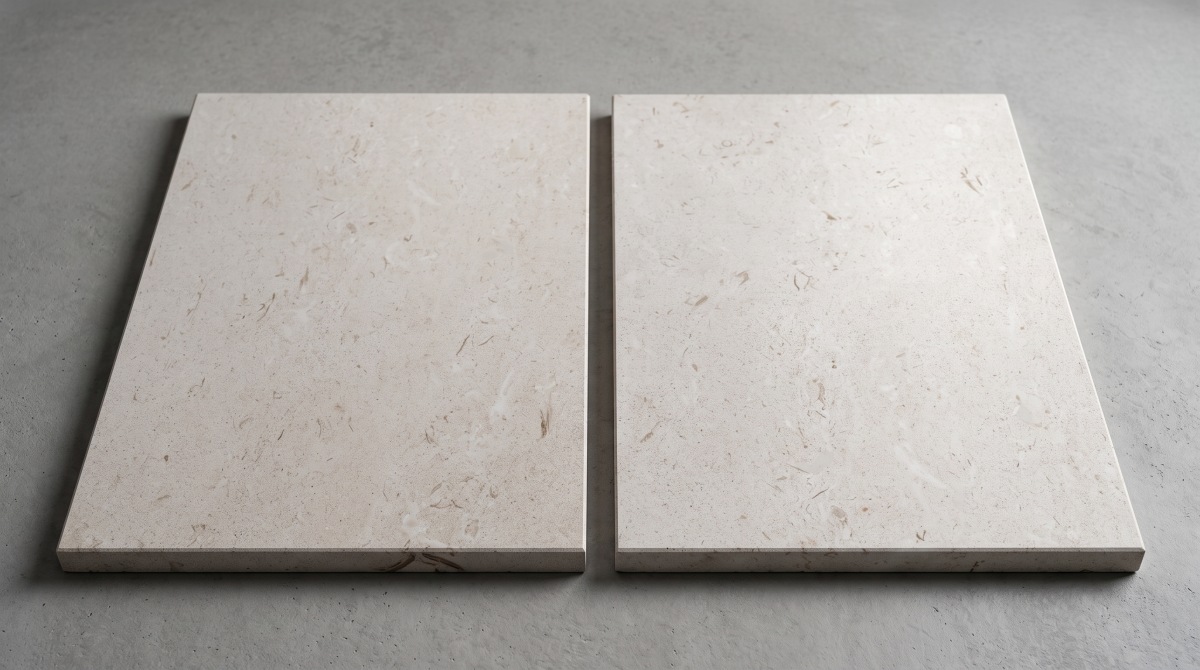 Moonlight Beige Limestone finish samples photographed at consistent distance and neutral light