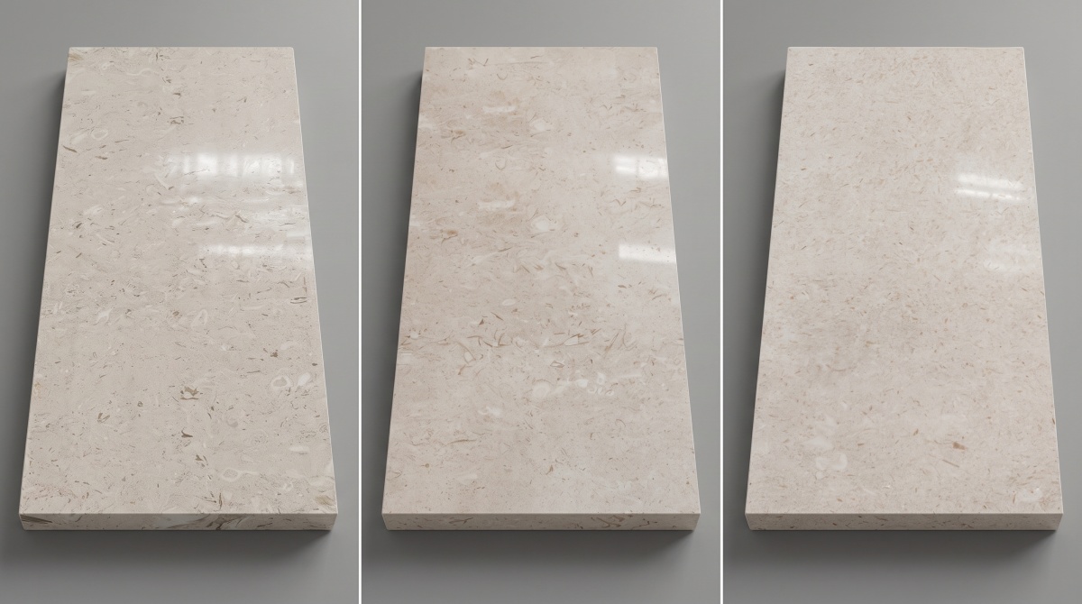 Three Moonlight Beige Limestone directions photographed at equal scale, angle and light