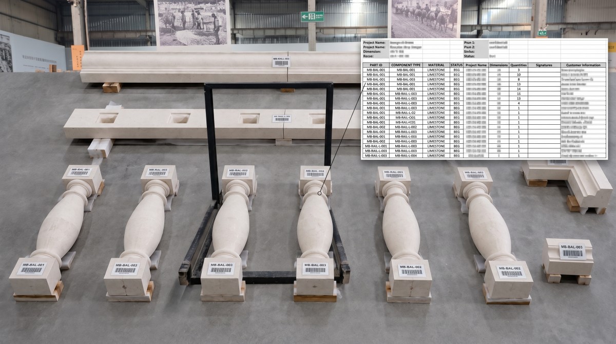 Numbered limestone balustrade components beside a blurred component schedule