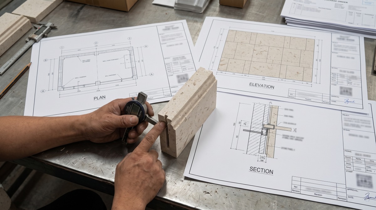 Moonlight Beige Limestone component reviewed beside plan, elevation and section drawings