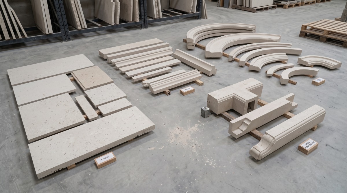Custom limestone scope grouped into panels, profiles, curved pieces and special components