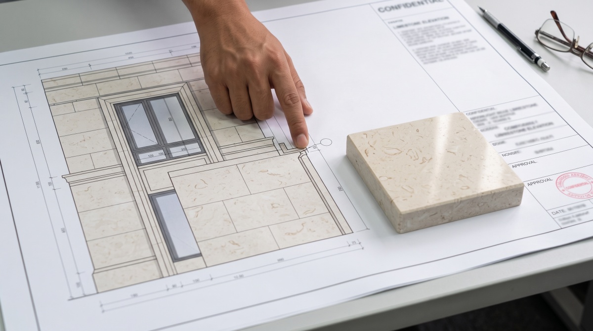 Blurred stone elevation drawing reviewed for visible faces, joints and profile transitions