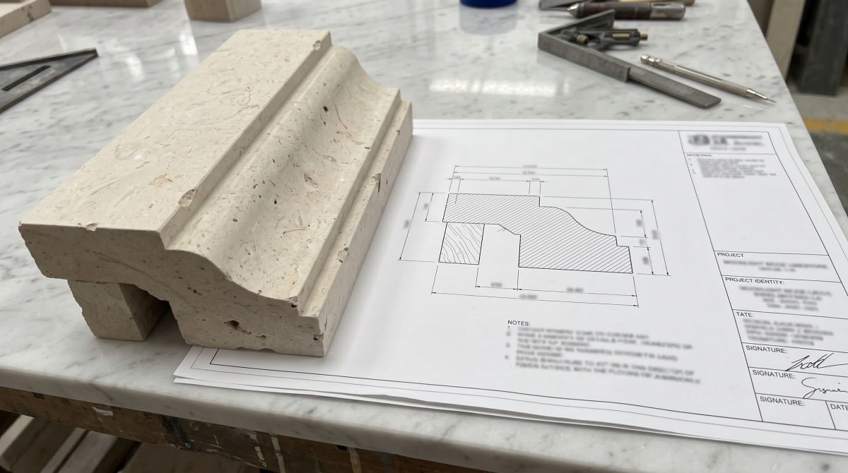  Moonlight Beige Limestone profile compared with a blurred dimensioned section drawing