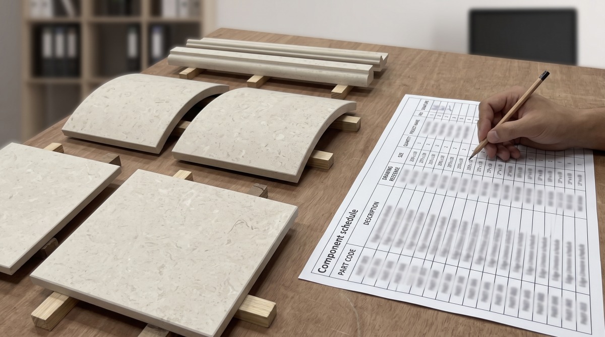 Blurred limestone component schedule reviewed beside separated physical part types