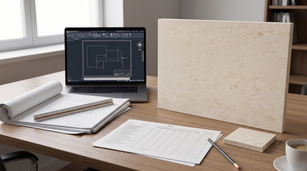  PDF drawings, CAD file, BOQ, material reference and finish sample prepared for limestone review