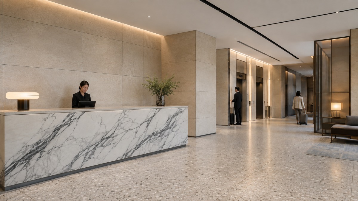 Hotel stone supply package for hospitality projects covering lobby, guest bathroom and custom stone applications