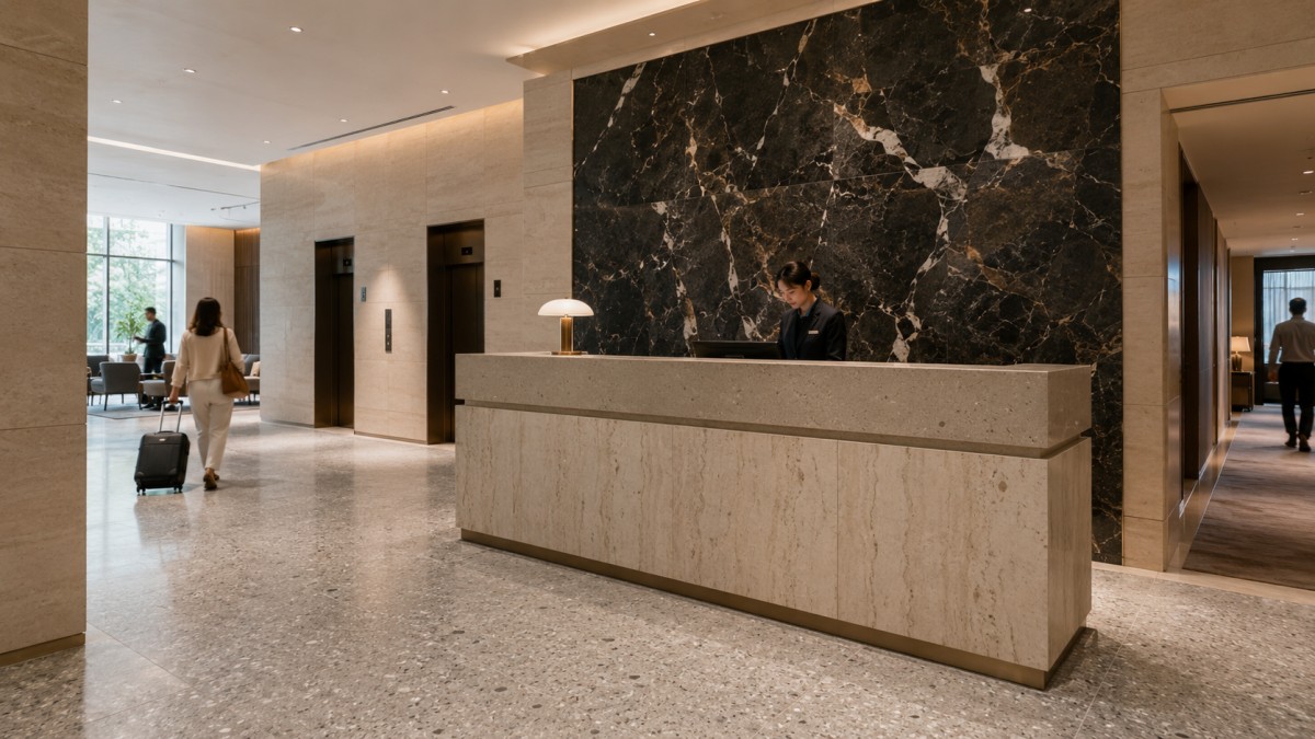 Stone applications across a hotel lobby reception corridor flooring and elevator surround