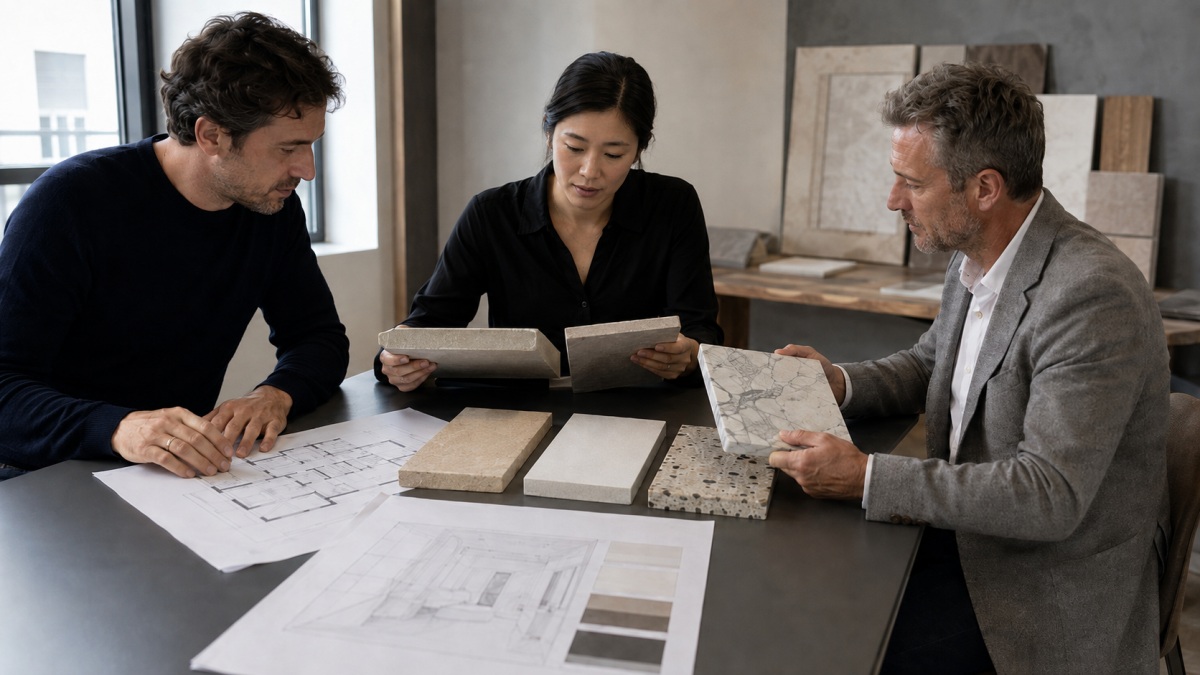 Architect reviewing marble limestone quartz terrazzo and engineered stone samples for a hotel project