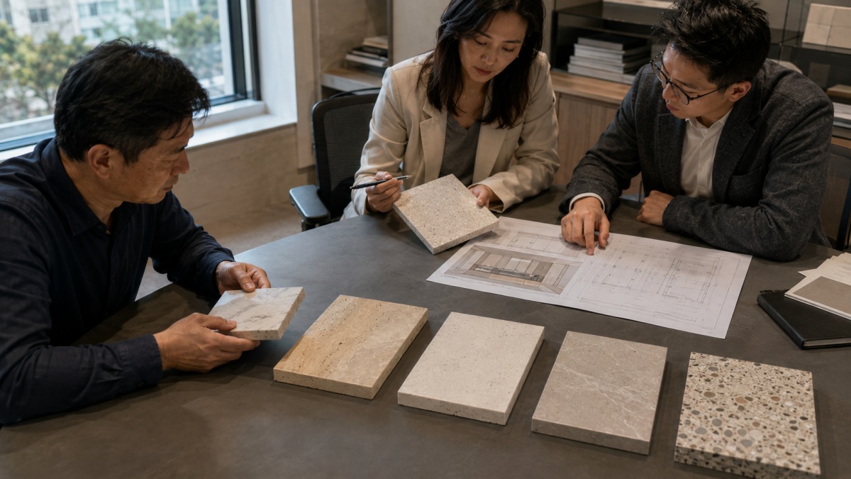 Hotel stone project drawings reviewed with cut-to-size fabricated stone components