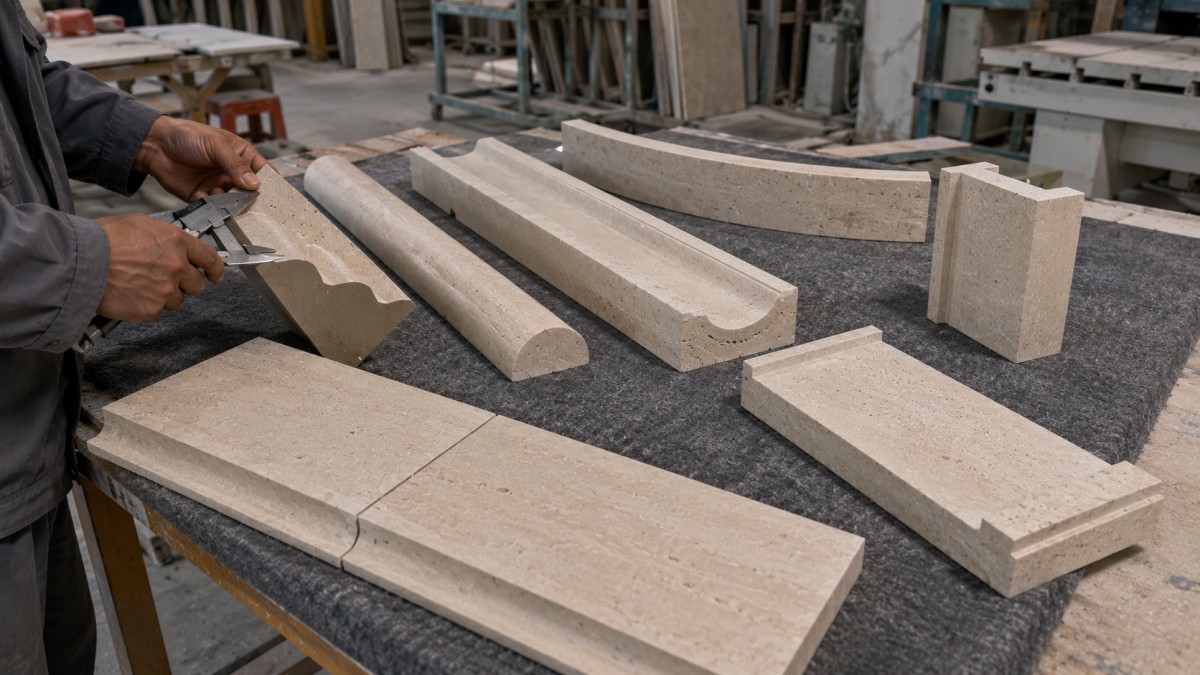 Custom shaped stone profiles curved pieces returns and stair components for hotel fabrication