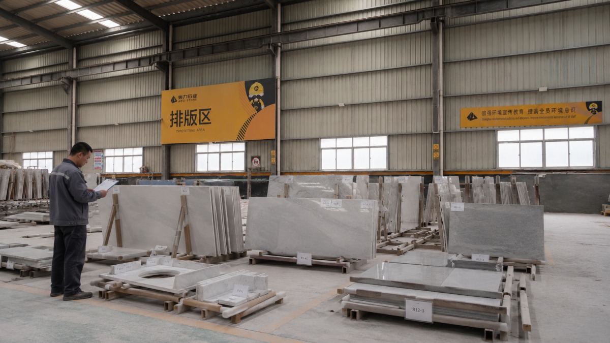 Cut-to-size hotel stone pieces numbered and organized for installation sequence