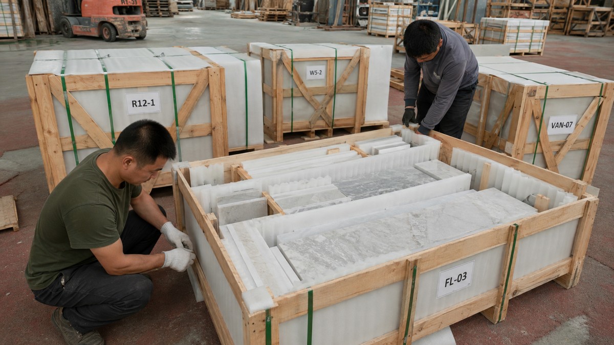 Hotel cut-to-size stone packed and grouped by room floor and installation area